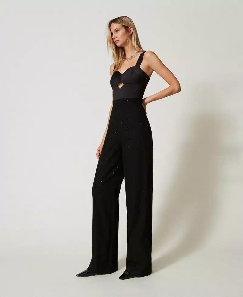 Satin and cloth jumpsuit with sequins
