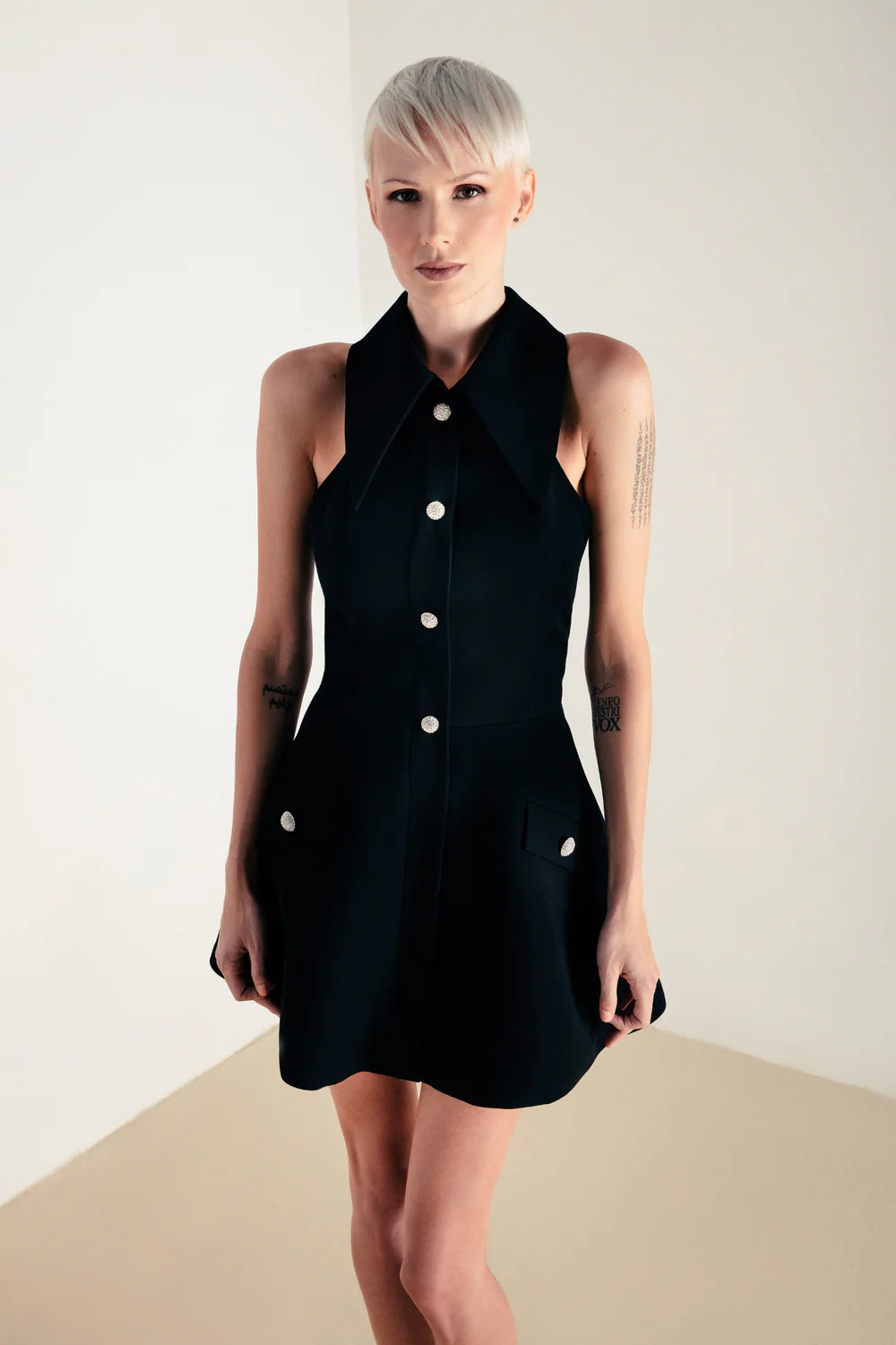 ICONIC COLLAR CRYSTAL BUTTON DRESS