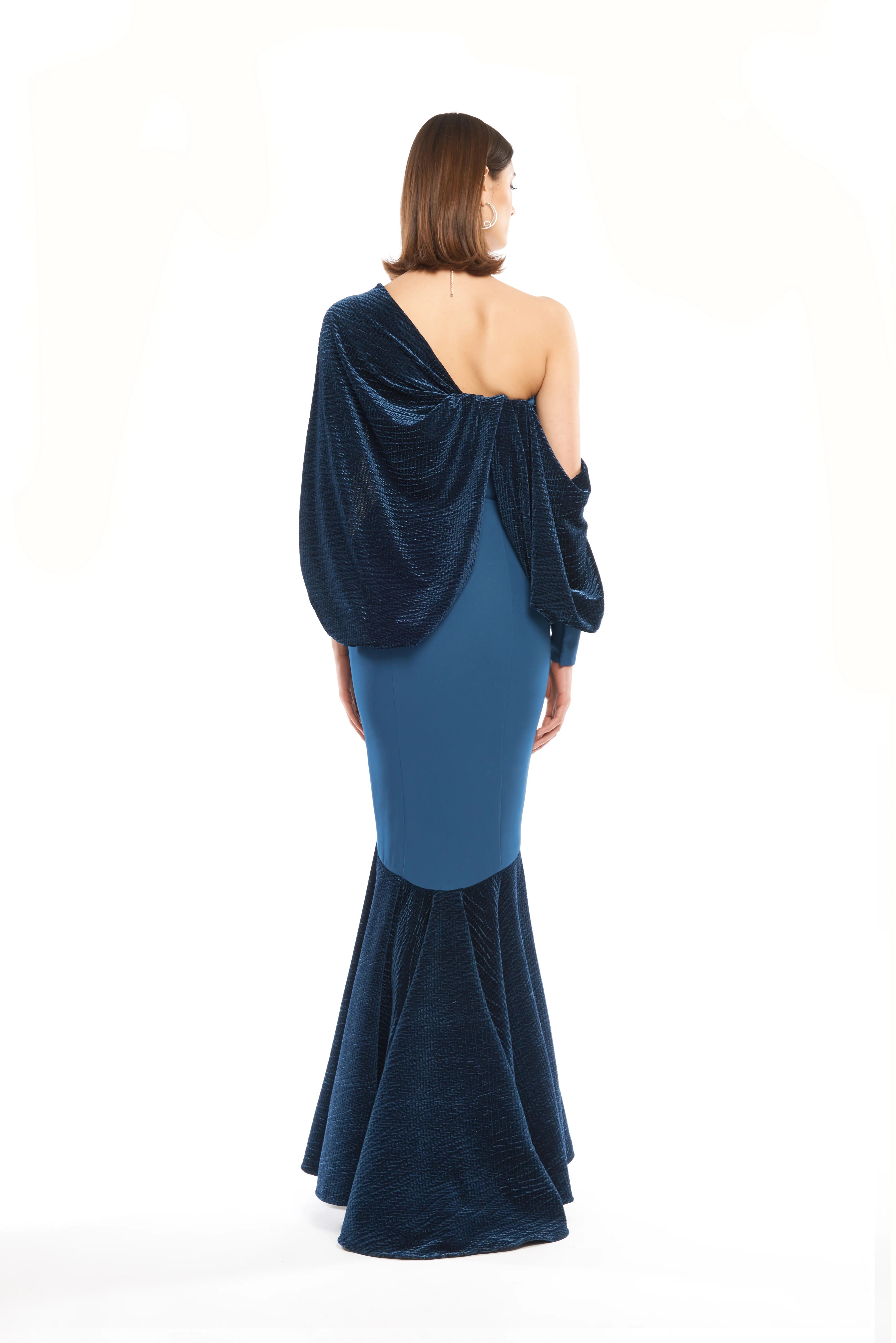 COLUMN DRESS WITH ASYMMETRICAL- SHOULDER DRAPED SHAWL