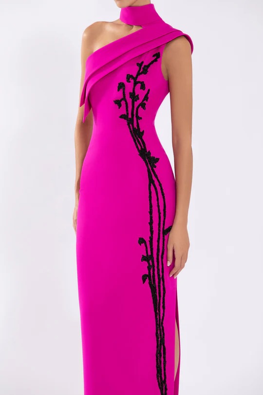 Crepe, off-shoulder dress with beading