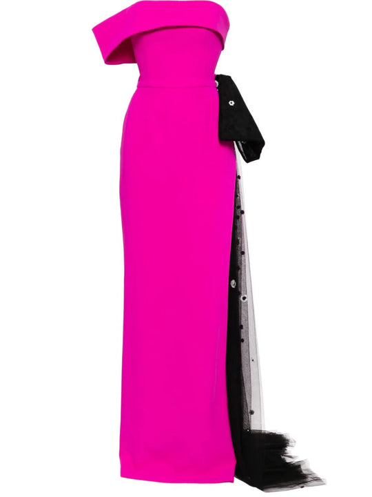 Crepe off-shoulder dress with a tulle bow and tail on the back