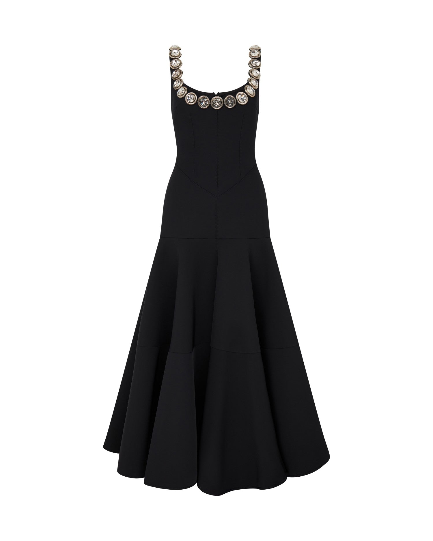 CRYSTAL EMBR NECKLINE DETAIL FLOUNCE HEM DRESS