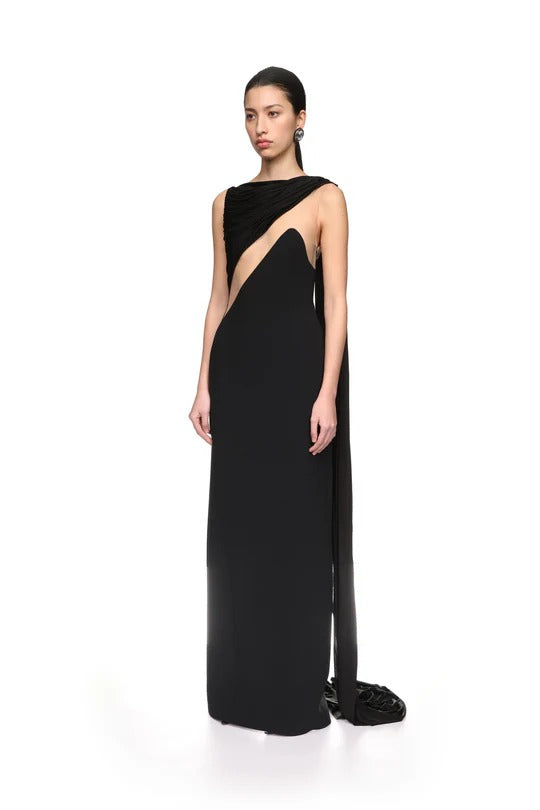 DRAPED CHEST DETAIL TULLE INSERT GOWN