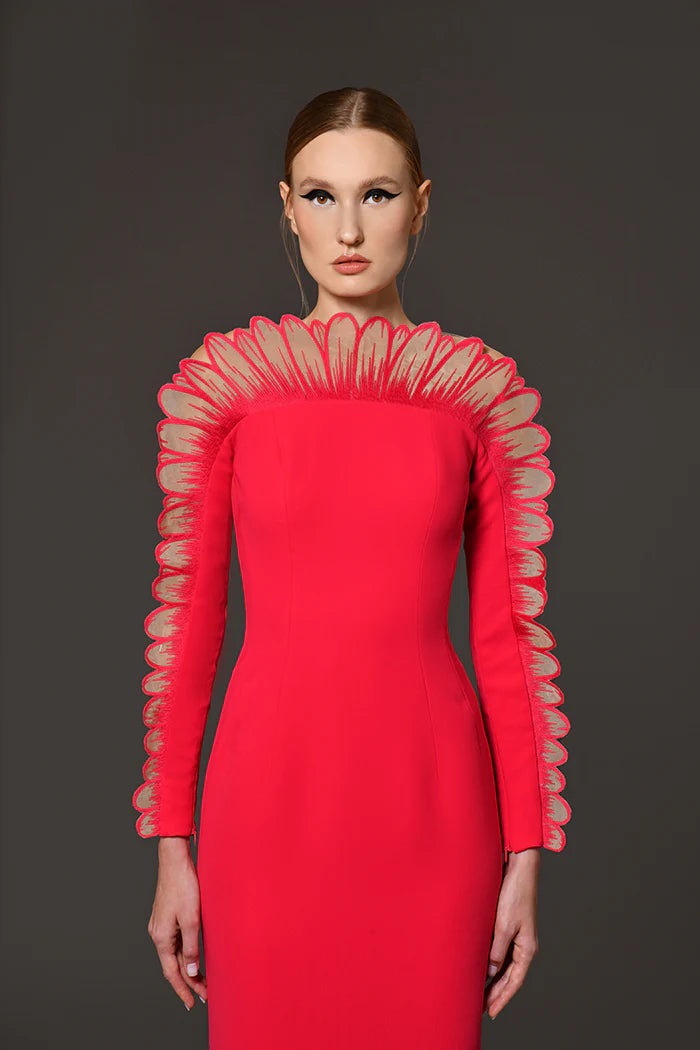 Red crêpe dress with thread embroidered daisy petals from neckline to sleeve