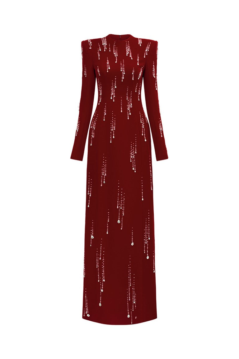 Red Sequin Long-Sleeve Evening Gown