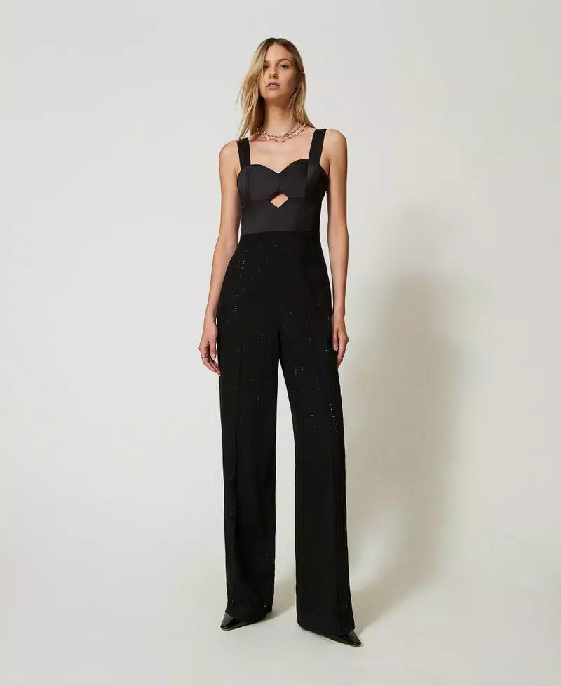 Satin and cloth jumpsuit with sequins