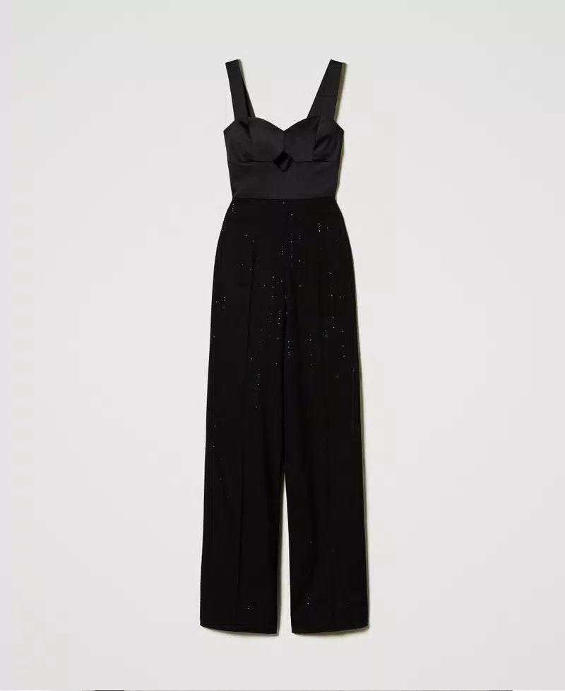 Satin and cloth jumpsuit with sequins