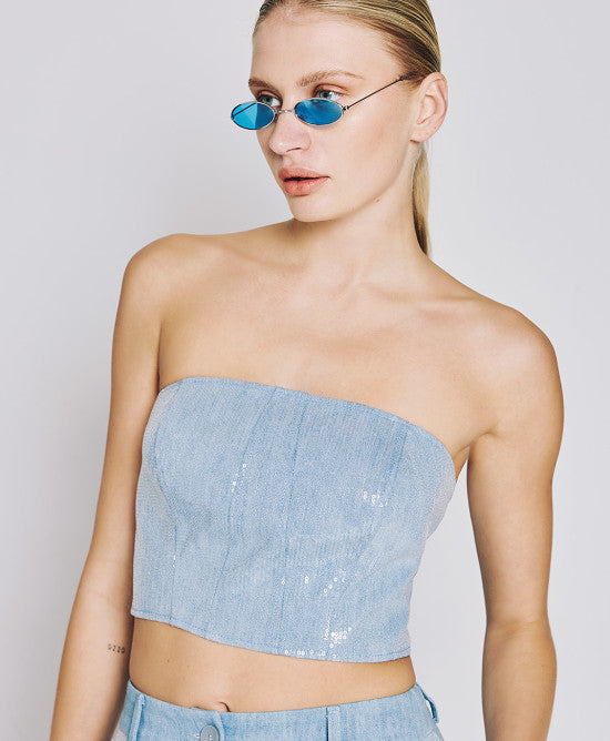 Sequin denim bustier top