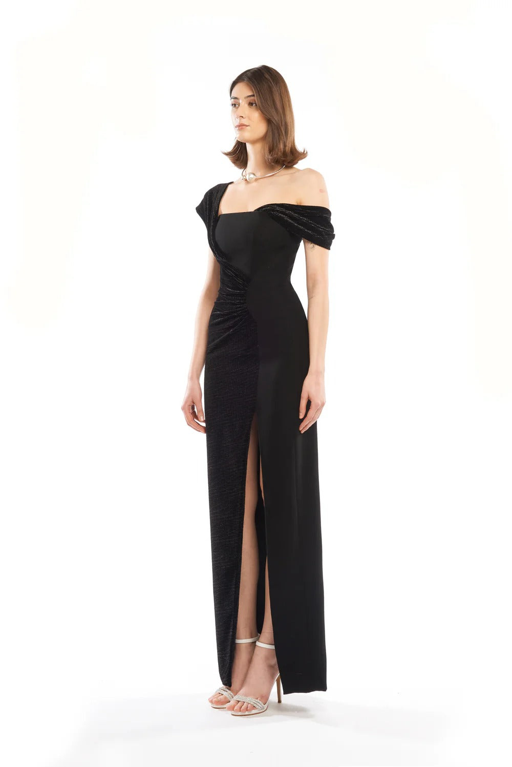 ASYMMETRIC DRAPED COLUMN DRESS WITH SIDE SLIT