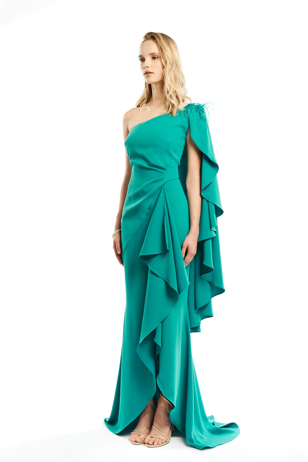 ASYMMETRIC MONOSHOULDER DRAPED MANTELLA DRESS WITH SIDE SLIT