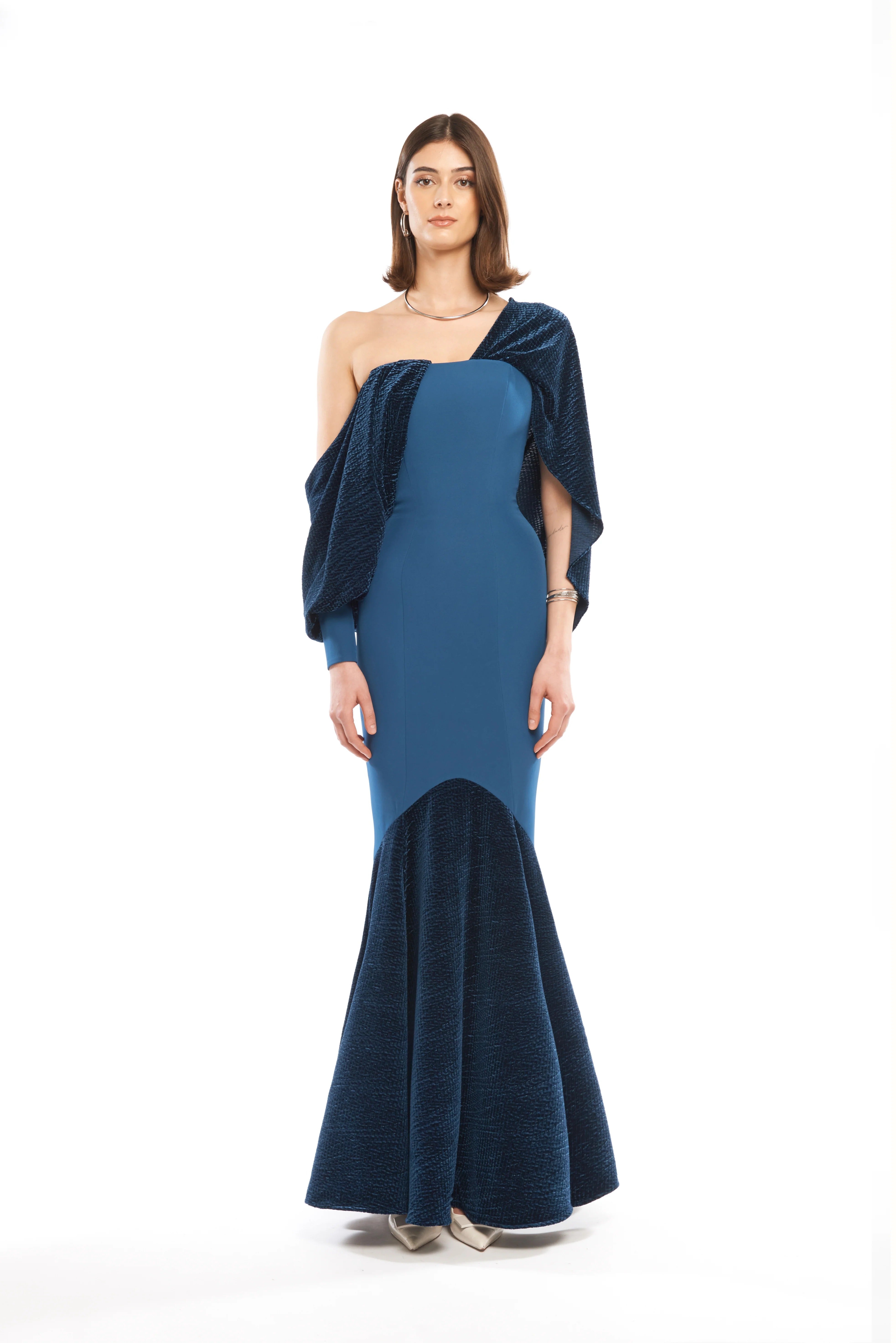 COLUMN DRESS WITH ASYMMETRICAL- SHOULDER DRAPED SHAWL