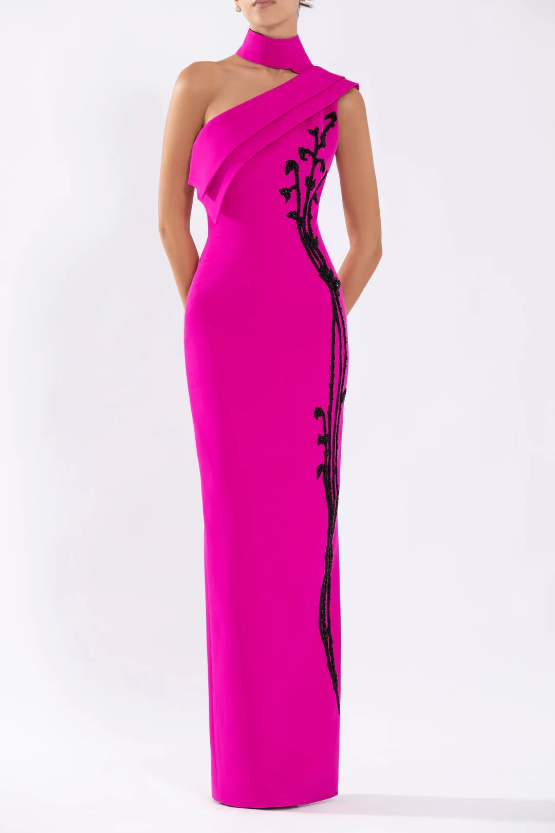 Crepe, off-shoulder dress with beading