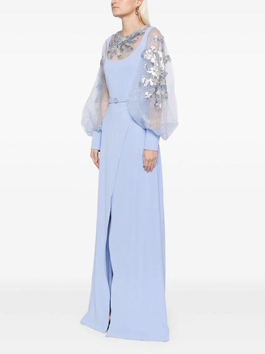 Crepe dress with envelope skirt and a beaded top and sleeves