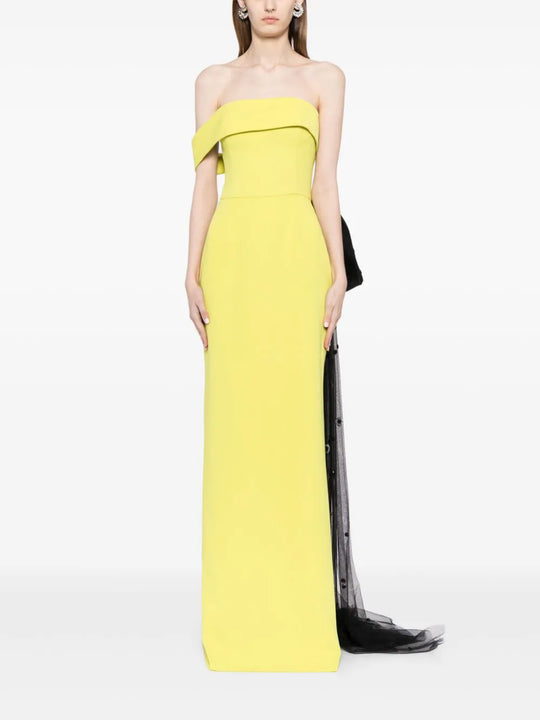 Crepe off-shoulder dress with a tulle bow and tail on the back