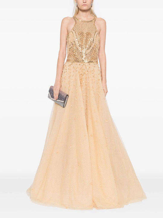 Tulle beaded dress with halter neckline