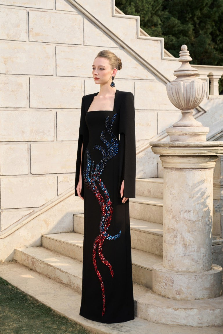 Elegant Black Sequin Evening Gown with Cape Sleeves – TRACY STUDIO