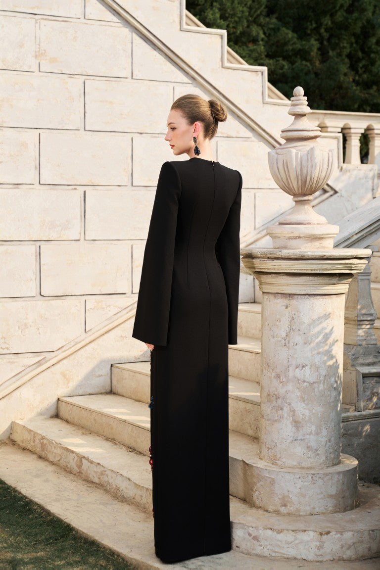 Elegant Black Sequin Evening Gown with Cape Sleeves – TRACY STUDIO