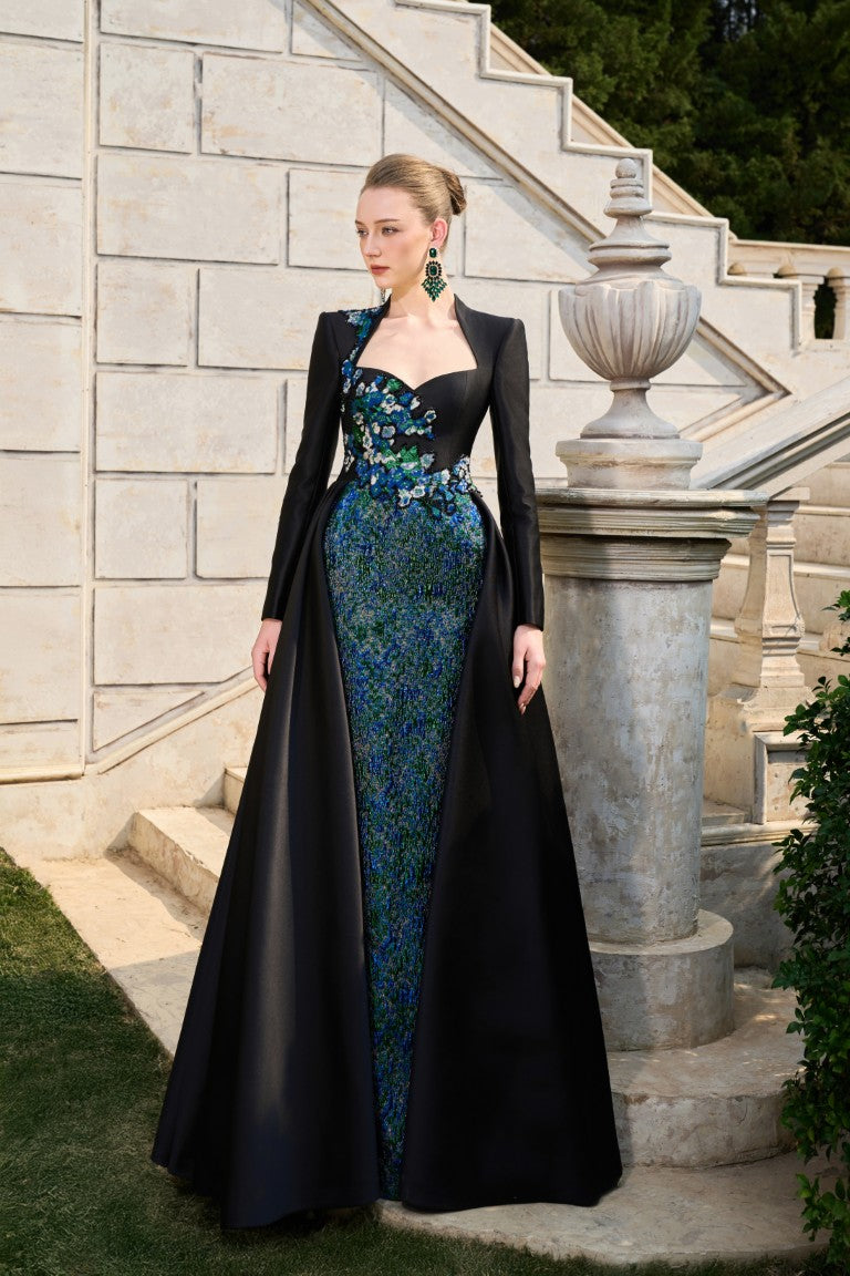 Black Couture Gown with Blue Embellished Bodice