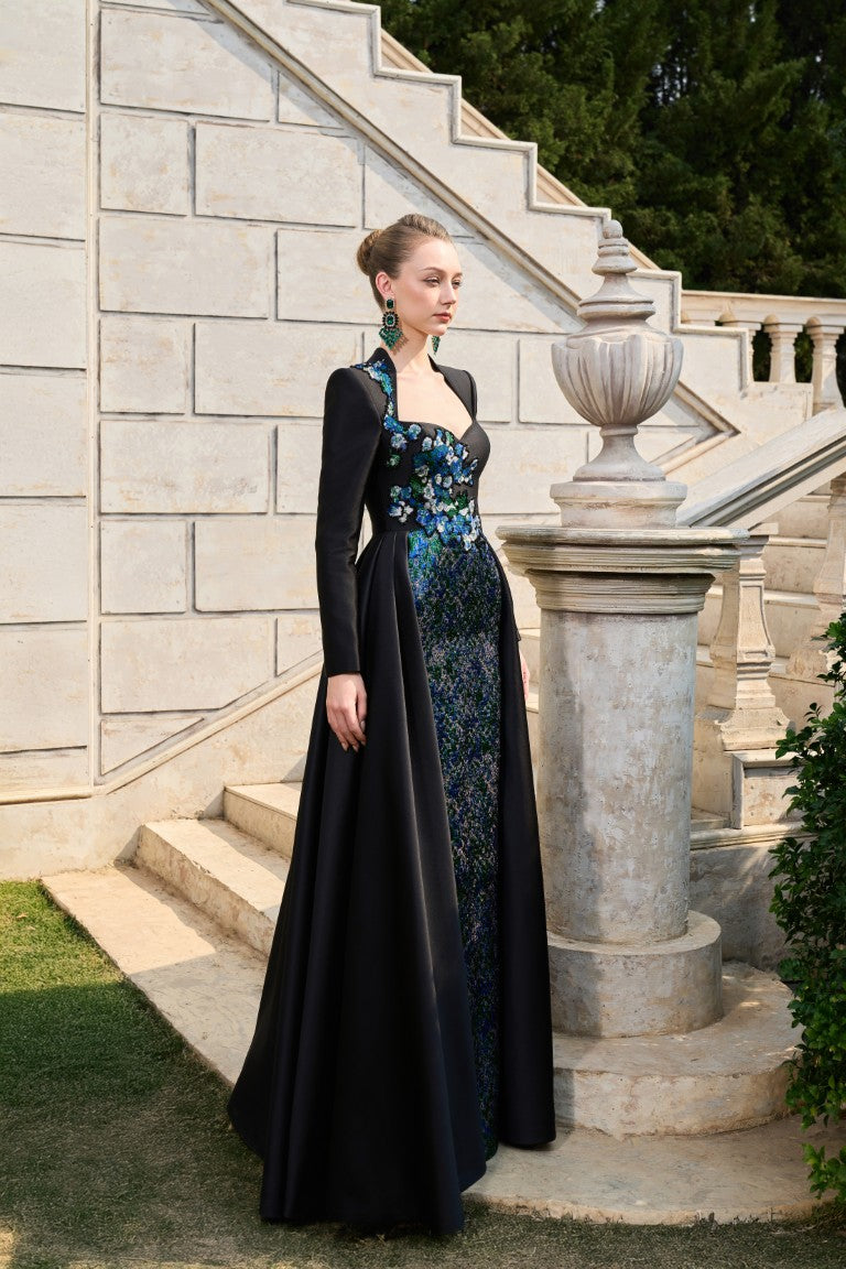 Black Couture Gown with Blue Embellished Bodice